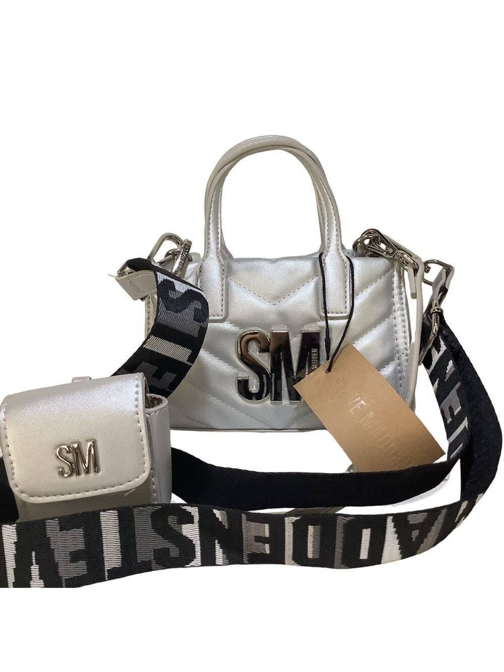Steve Madden Bari Silver Quilted Crossbody With AirPod Case New